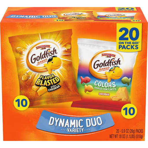 Product image of Goldfish Dynamic Duo Colors Crackers, Cheddar & Flavor Blasted Xtra Cheddar Snack Pack, 0.9 oz, 20-CT Variety Pack Box