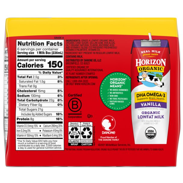 Product image of Horizon Organic 1% Lowfat UHT DHA Omega-3 Vanilla Milk, 8 Oz., 6 Count
