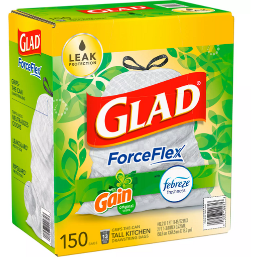 Product image of Glad ForceFlex Tall Kitchen Drawstring White Trash Bags, Gain Original Scent with Febreze Freshness (13 gal., 150 ct.)