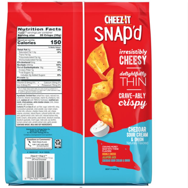 Product image of Cheez-It Snap'd Cheese Cracker Chips, Thin Crisps, Lunch Snacks, Cheddar Sour Cream Onion, 7.5oz