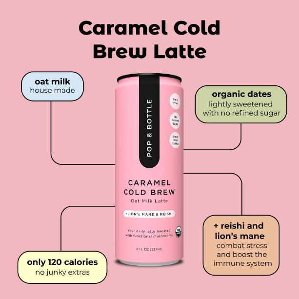 Product image of Pop & Bottle Caramel Oat Milk Latte with Lions Mane and Reishi, Organic, 8 Fl oz