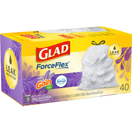 Product image of Glad ForceFlex Tall Kitchen Trash Bags, 13 Gallon, Gain Lavender with Febreze, 40 Count