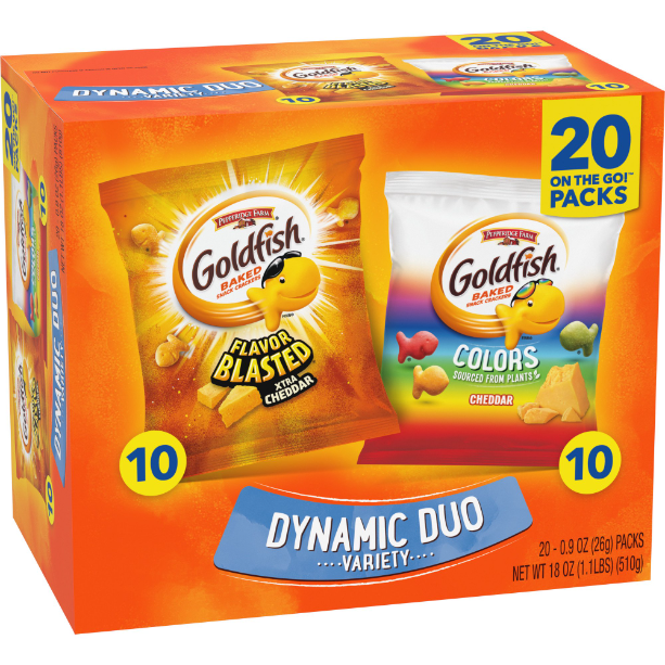 Product image of Goldfish Dynamic Duo Colors Crackers, Cheddar & Flavor Blasted Xtra Cheddar Snack Pack, 0.9 oz, 20-CT Variety Pack Box