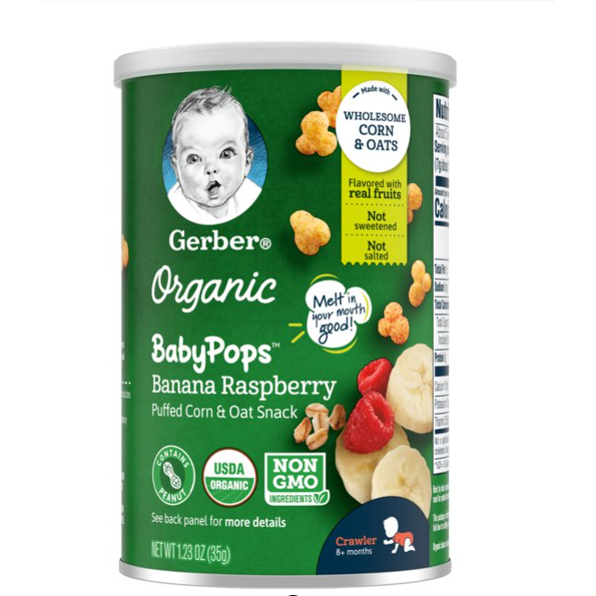 Product image of Gerber Organic BabyPops Banana Raspberry Corn and Oat Puffed Snacks, 1.23 Oz