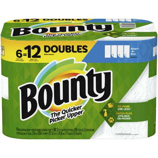 Product image of Bounty Select-A-Size Paper Towels, Double Rolls, White, 98 Sheets Per Roll, 6 Count