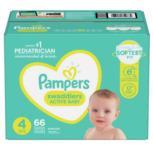 Product image of Pampers Swaddlers Diapers, Soft and Absorbent, Size 4, 66 Ct