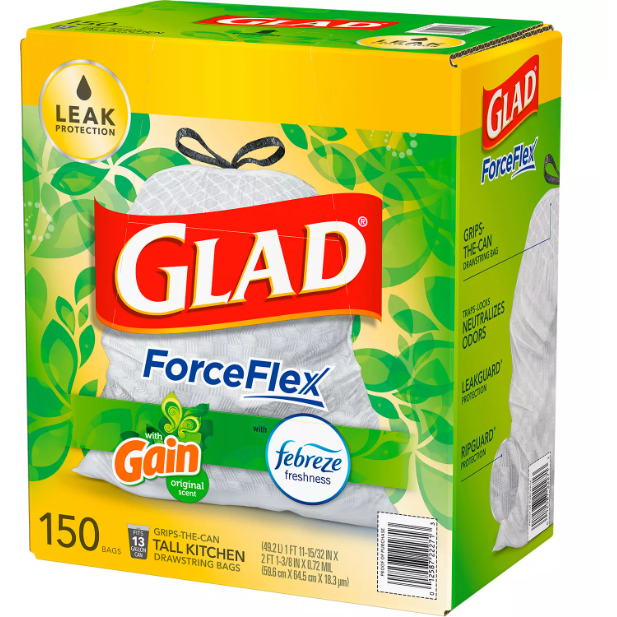 Product image of Glad ForceFlex Tall Kitchen Drawstring White Trash Bags, Gain Original Scent with Febreze Freshness (13 gal., 150 ct.)