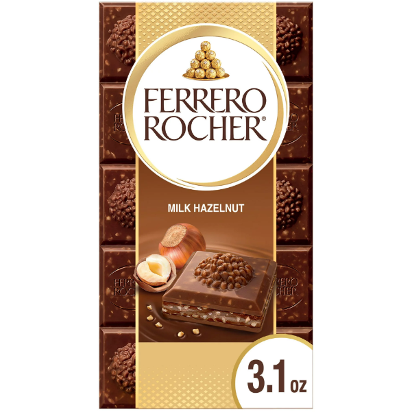 Product image of Ferrero Rocher Premium Chocolate Bar, Milk Chocolate Hazelnut, Holiday Chocolate, Great for Holiday Gift Baskets, 3.1 oz