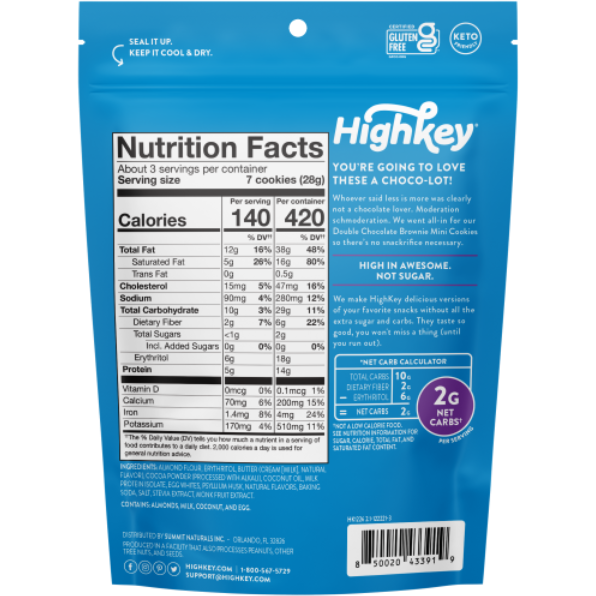Product image of HighKey No Sugar Added, Keto Friendly, Grain & Gluten Free Double Chocolate Brownie Mini Cookies, 2g Net Carbs, 3oz
