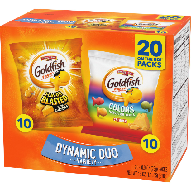 Product image of Goldfish Dynamic Duo Colors Crackers, Cheddar & Flavor Blasted Xtra Cheddar Snack Pack, 0.9 oz, 20-CT Variety Pack Box