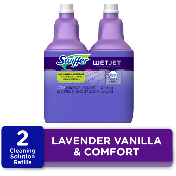 Product image of Swiffer WetJet Spray Mop Multi-Purpose and Hardwood Liquid Floor Cleaner Solution Refill, Lavender Vanilla & Comfort, 1.25 Liter (2 Pack)