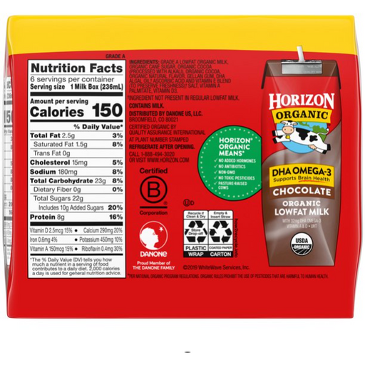 Product image of Horizon Organic 1% Lowfat UHT DHA Omega-3 Chocolate Milk, 8 Oz., 6 Count