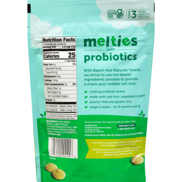Product image of Beech-Nut Melties with Probiotics, Stage 3, Pear Mango Spinach & Yogurt Toddler Snack, 1 oz