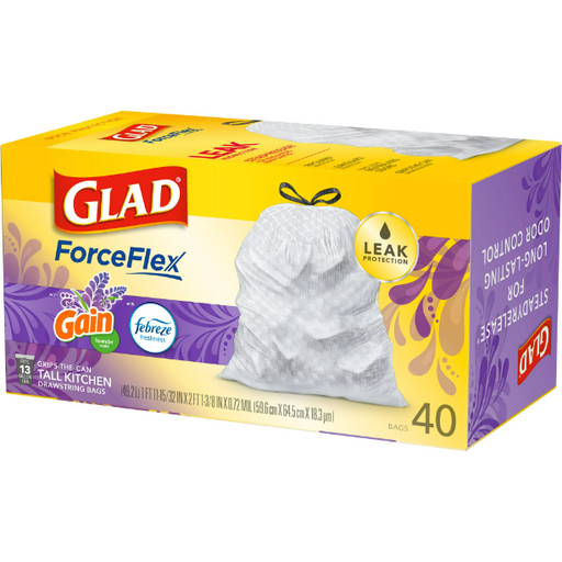 Product image of Glad ForceFlex Tall Kitchen Trash Bags, 13 Gallon, Gain Lavender with Febreze, 40 Count